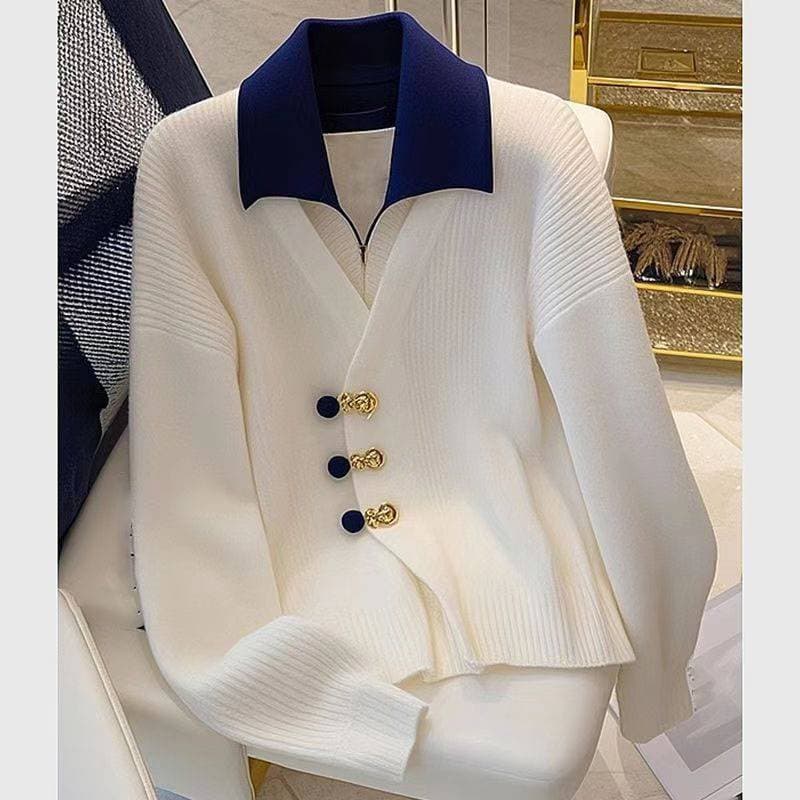 Women's Clothing Autumn and Winter Two piece Knitted Sweater Inner Top Polo Collar Button Sweater