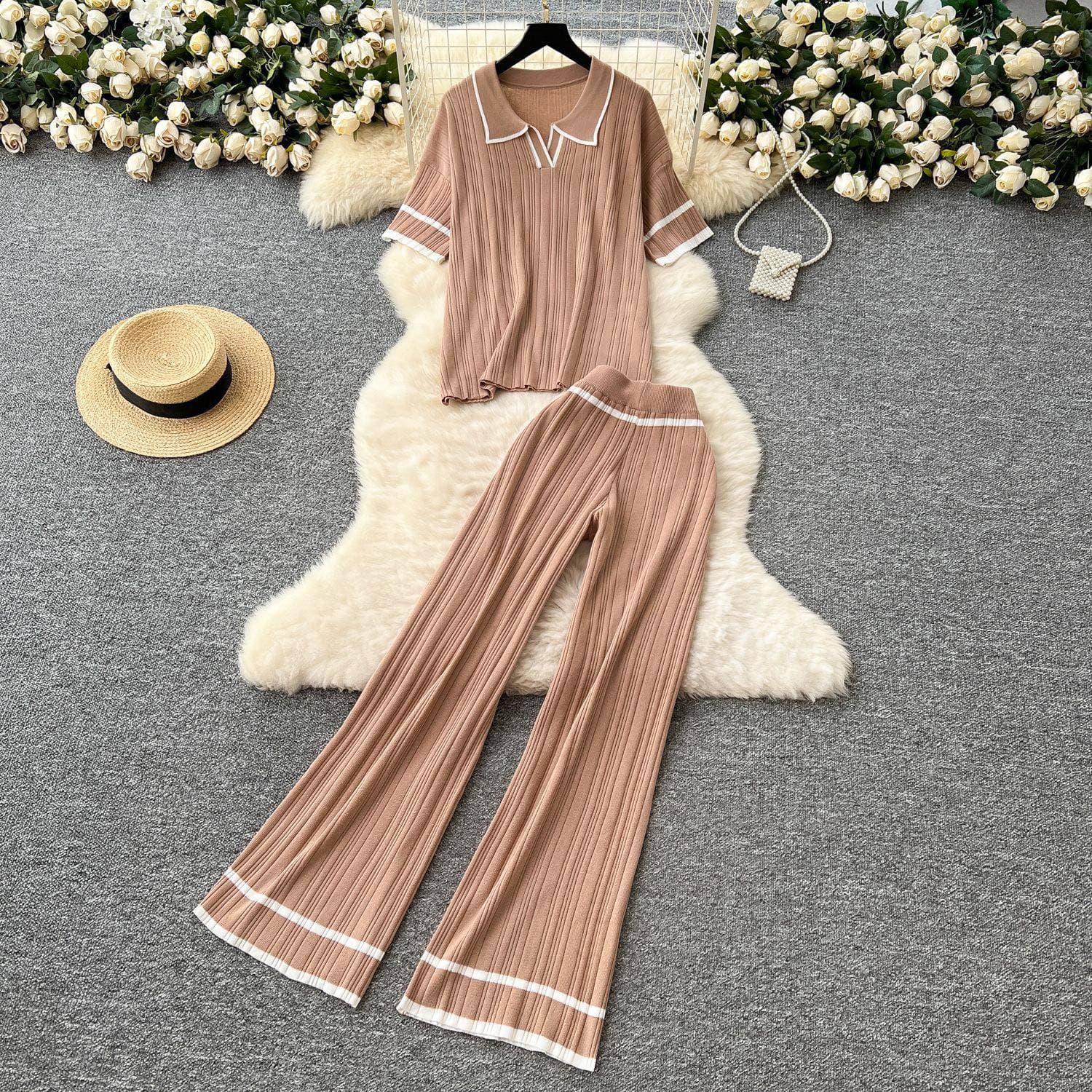 Women's Clothing Retro Fashion Contrast Color Lapel Short Sleeved Knitted Top High Waist Casual Wide Leg Pants Suit