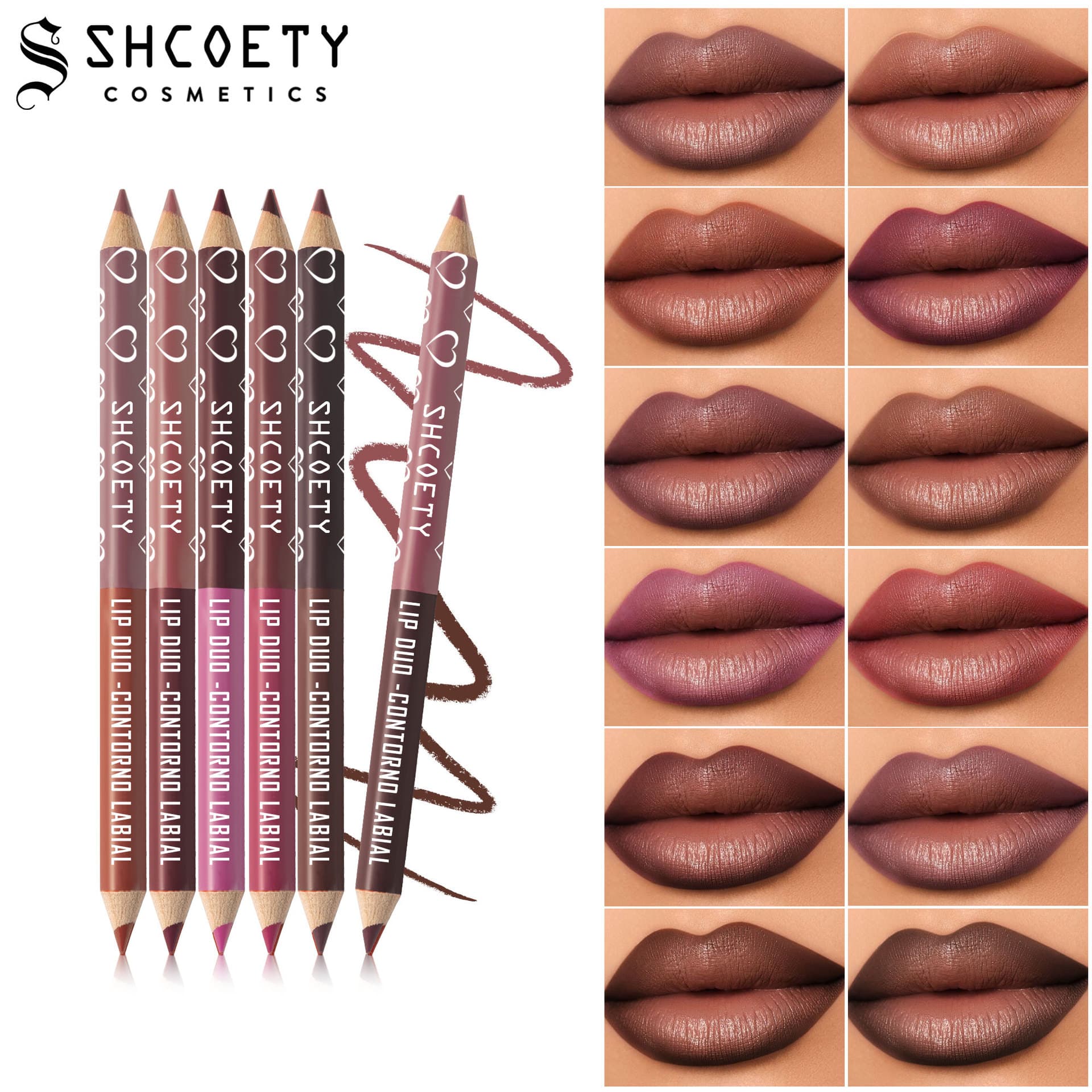 SHCOETY 12-Color Double-Head Dual-Tone Wooden Lip Liner - Matte Long-Lasting Easy-Application Non-Stick Cup Lip Contour Pencil
