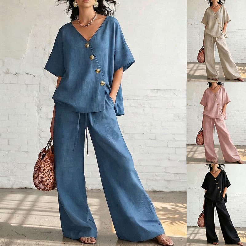 Women's Fashion Casual Two Piece Set Solid Color V Neck Top Loose Short Sleeved Drawstring Trousers