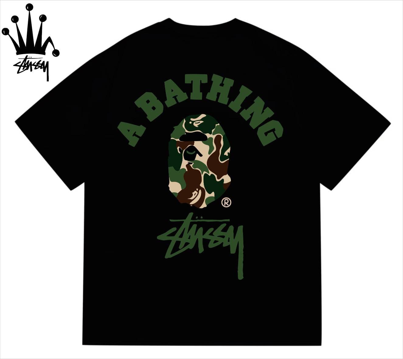 Stussy&Ape Co Branded Camo Logo Letter Camo Ape Pattern Printed Cotton Short Sleeved T-shirt For Men And Women
