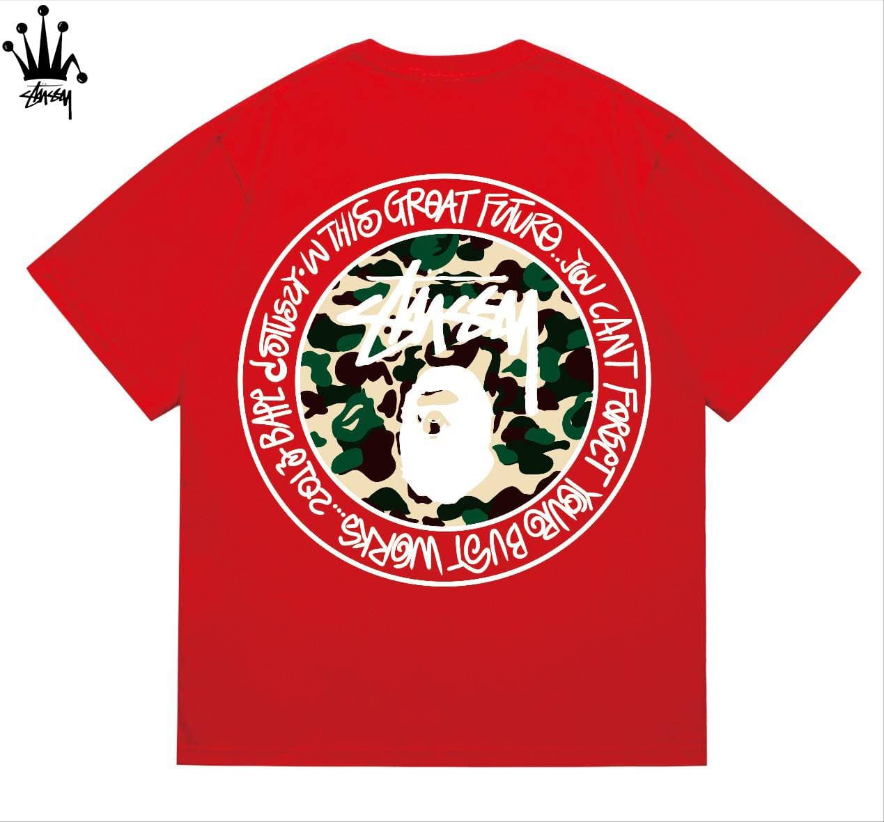 Stussy&Ape Collaboration Design With Circular Logo, Lettering, Ape Man Pattern, Printed Pure Cotton Short Sleeved T-shirt, Unisex
