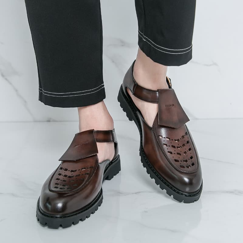New Fashion French Men's Leather Shoes Genuine Leather Buckle Sandals British Summer Breathable Business Casual Shoes Large Size 38-46