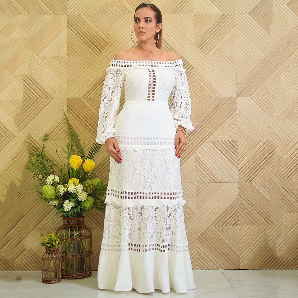 Women's lace dress line shoulder lotus wedding gown evening gown banquet dress