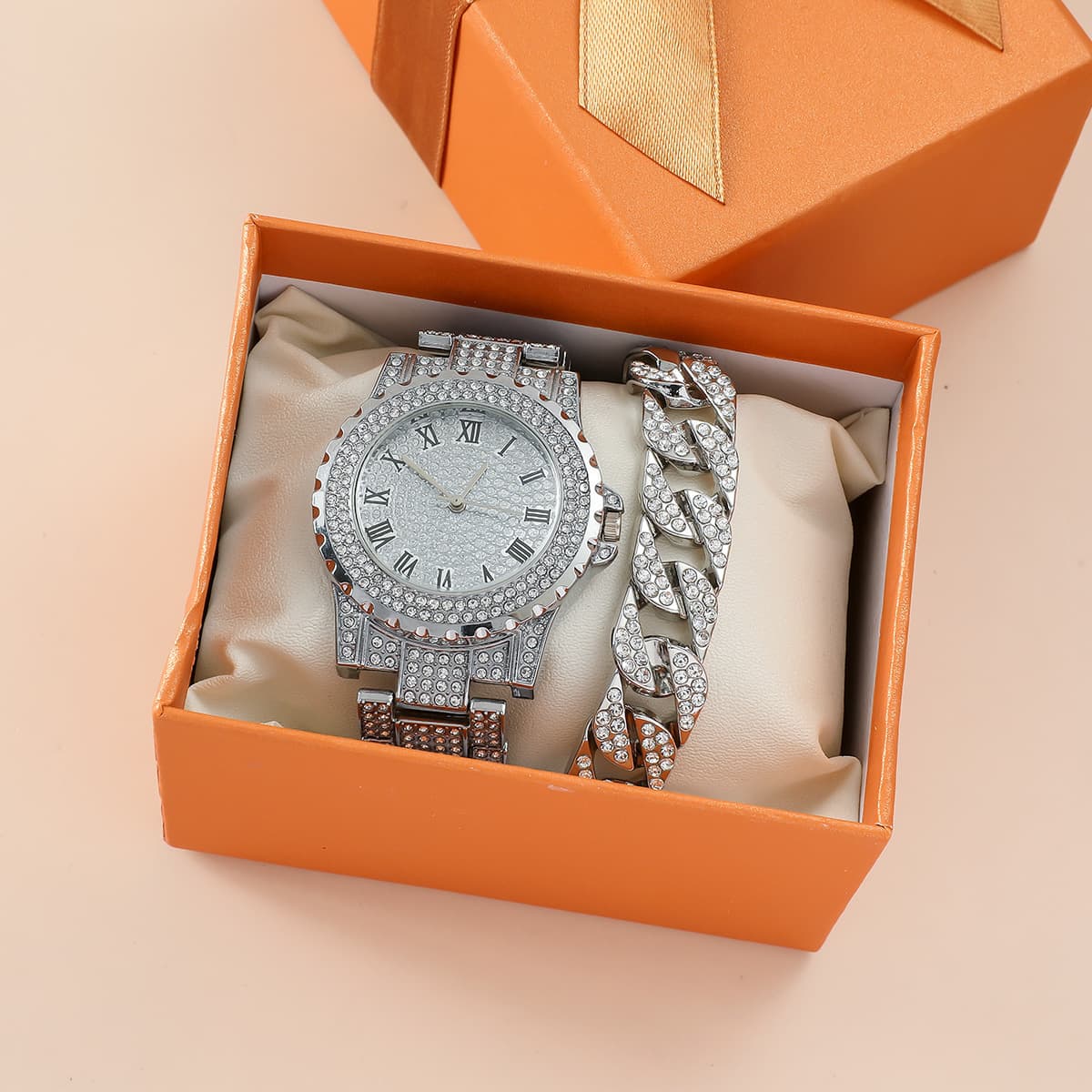 Women's Watches Roman Numeral Steel Watch Full Of Stars Temperament Business Quartz Watch Style Full Diamond Bracelet Set Watch Wholesale
