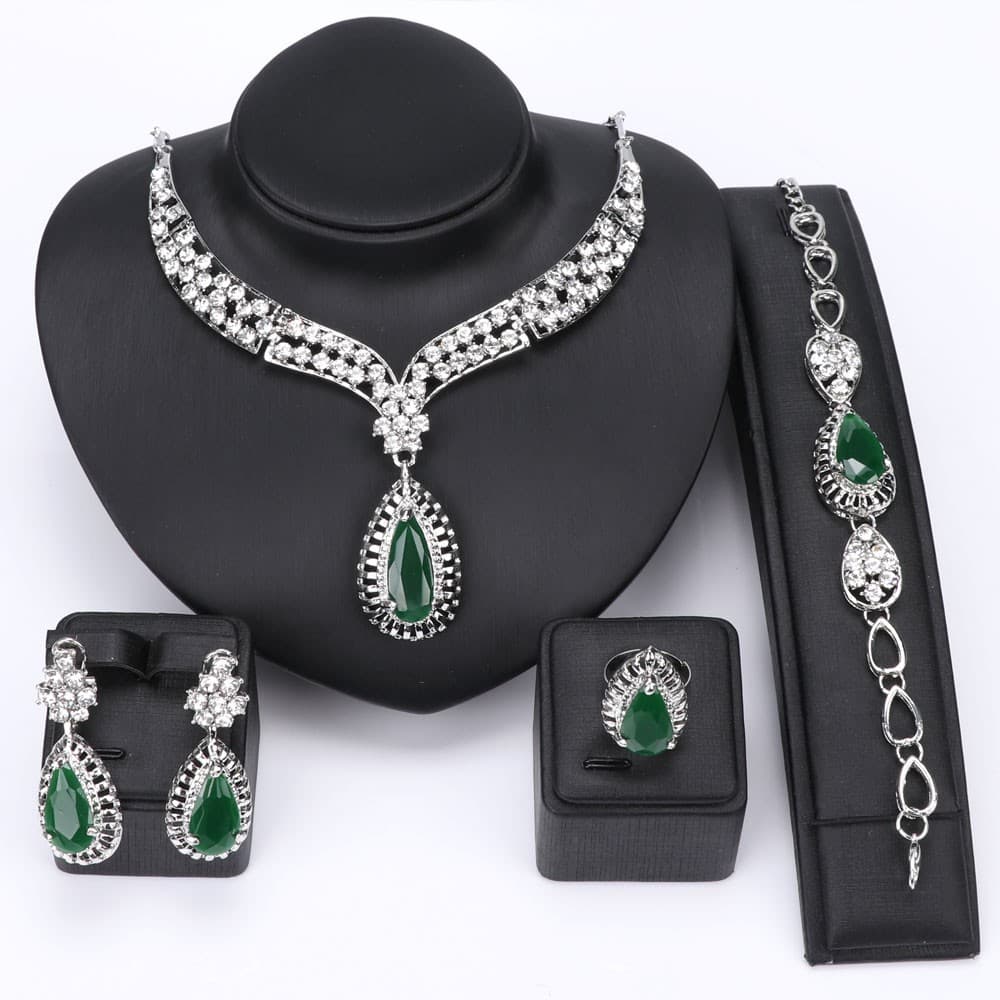 Women Fashion Bridal Party Holiday Jewelry Set Necklace Earrings Bracelet Ring Crystal Rhinestone Gem Party Jewelry Sets