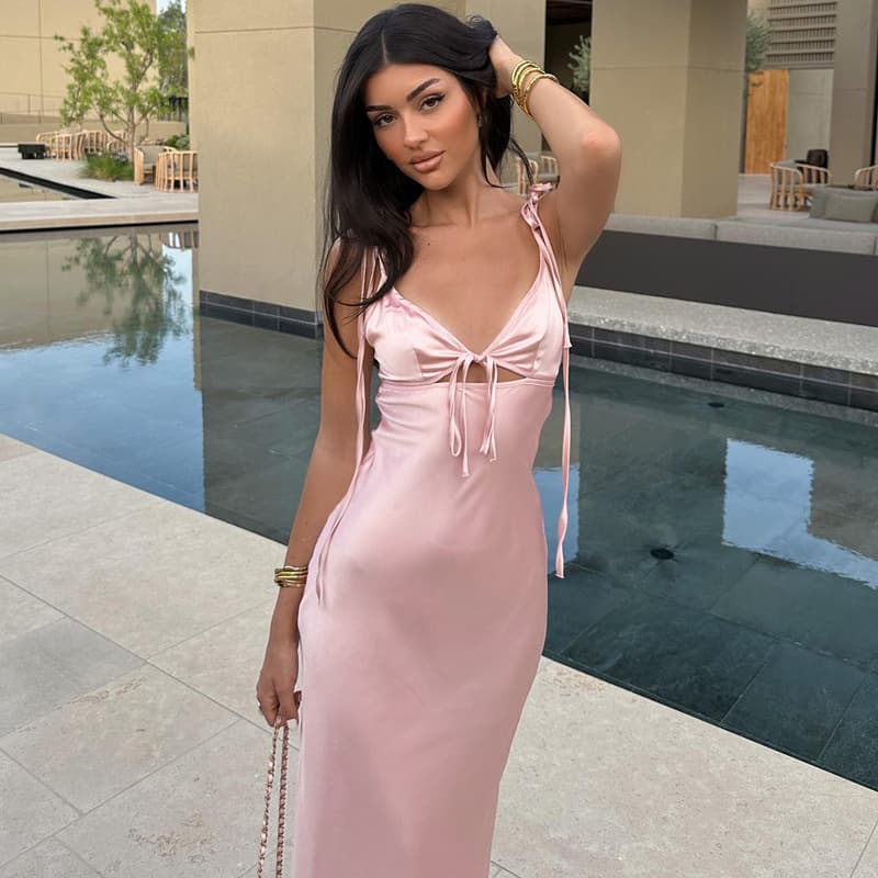 Women's Clothing fashion sexy V neck lace up suspenders satin dress sleeveless lace up long dress