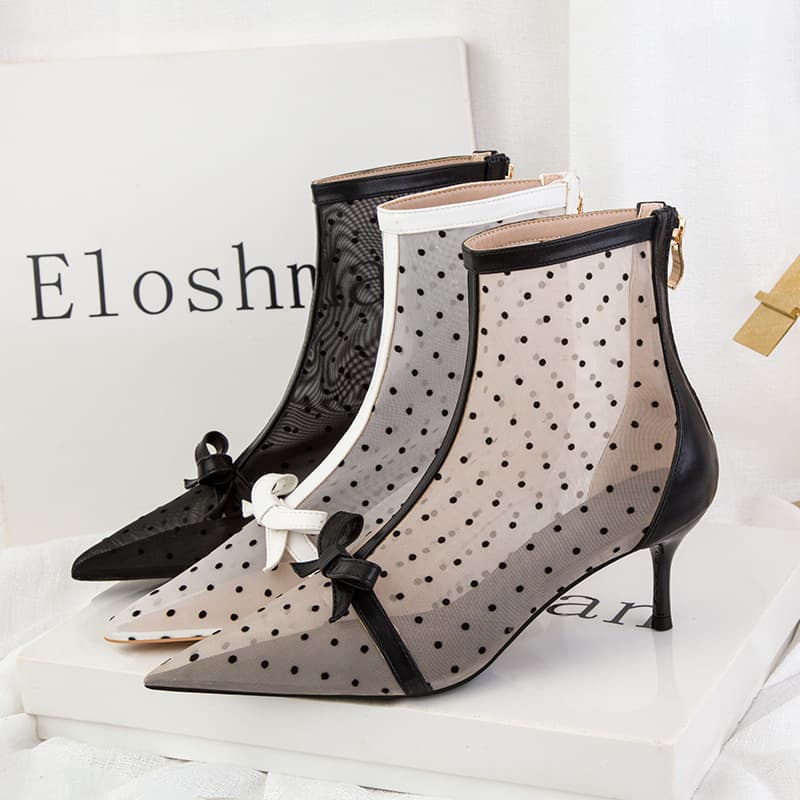 Women's Pumps version of sweet slimming see-through dot mesh hollow high-heeled shoes for women stiletto high-heeled pointed toe short boots