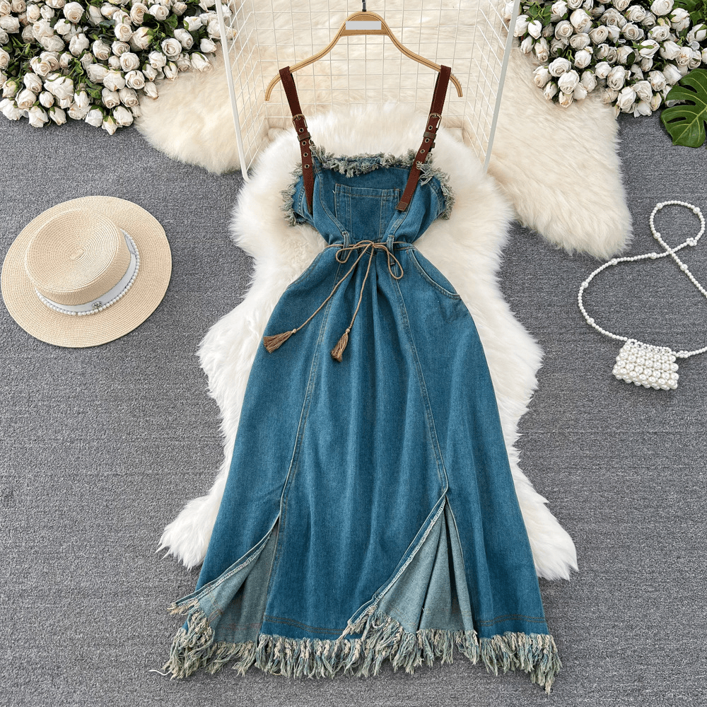 Women's Clothing retro design tube top waist slimming medium long split tassel A-line denim suspender dress summer