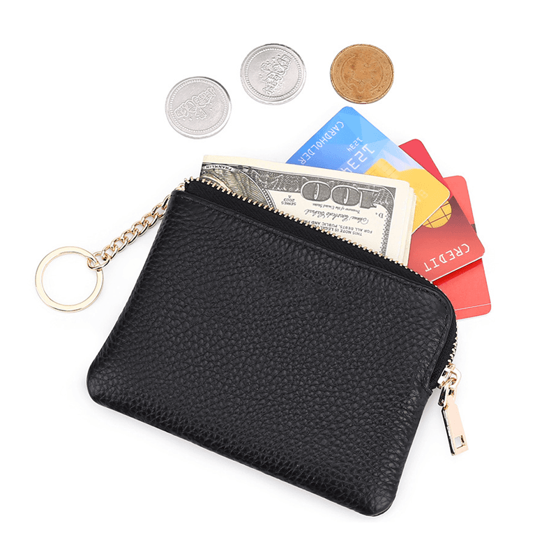 Women's Genuine Leather Coin Purse Simple First Layer Cowhide Zipper Wallet with Key Ring