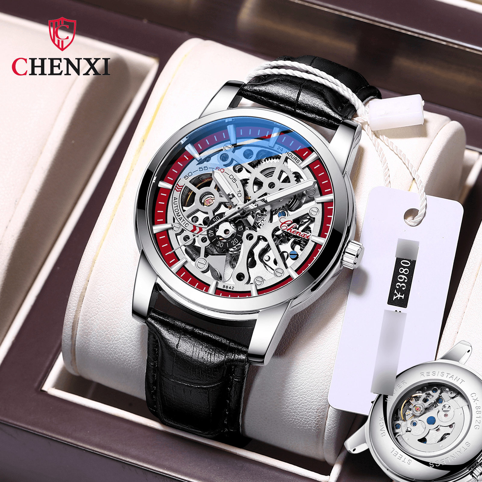 Men's Mechanical Watches Leather Strap Mechanical Watch Men's Waterproof Glow-in-the-dark Automatic Hollow Mechanical Watch