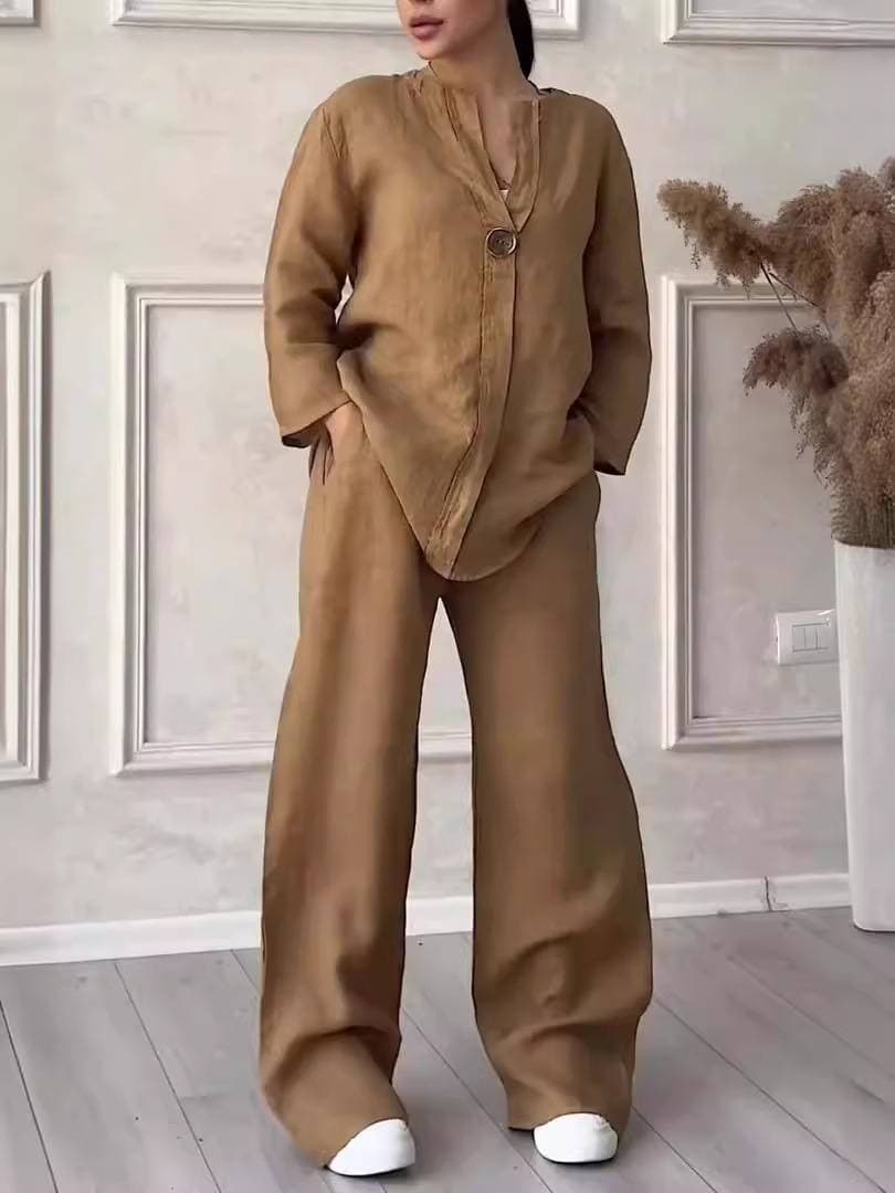 Women's Clothing Women's 2 Piece Set Large Size Cotton And Linen Shirt Set High Waist Loose Pants
