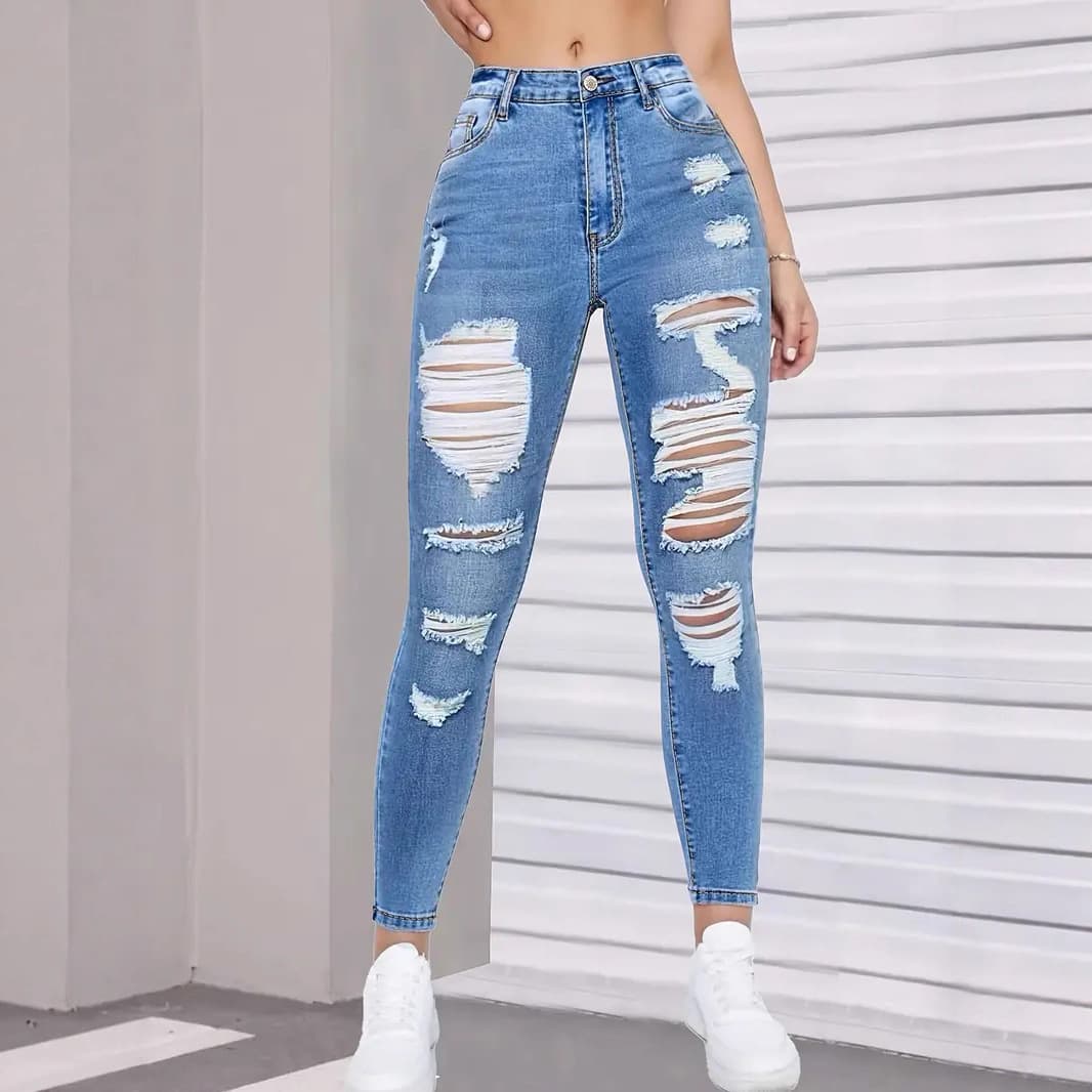Women's High Waist Ripped Stretch Skinny Jeans - Trendy Distressed Denim Pants With Comfort Fit (S-XXL, Light Blue)​