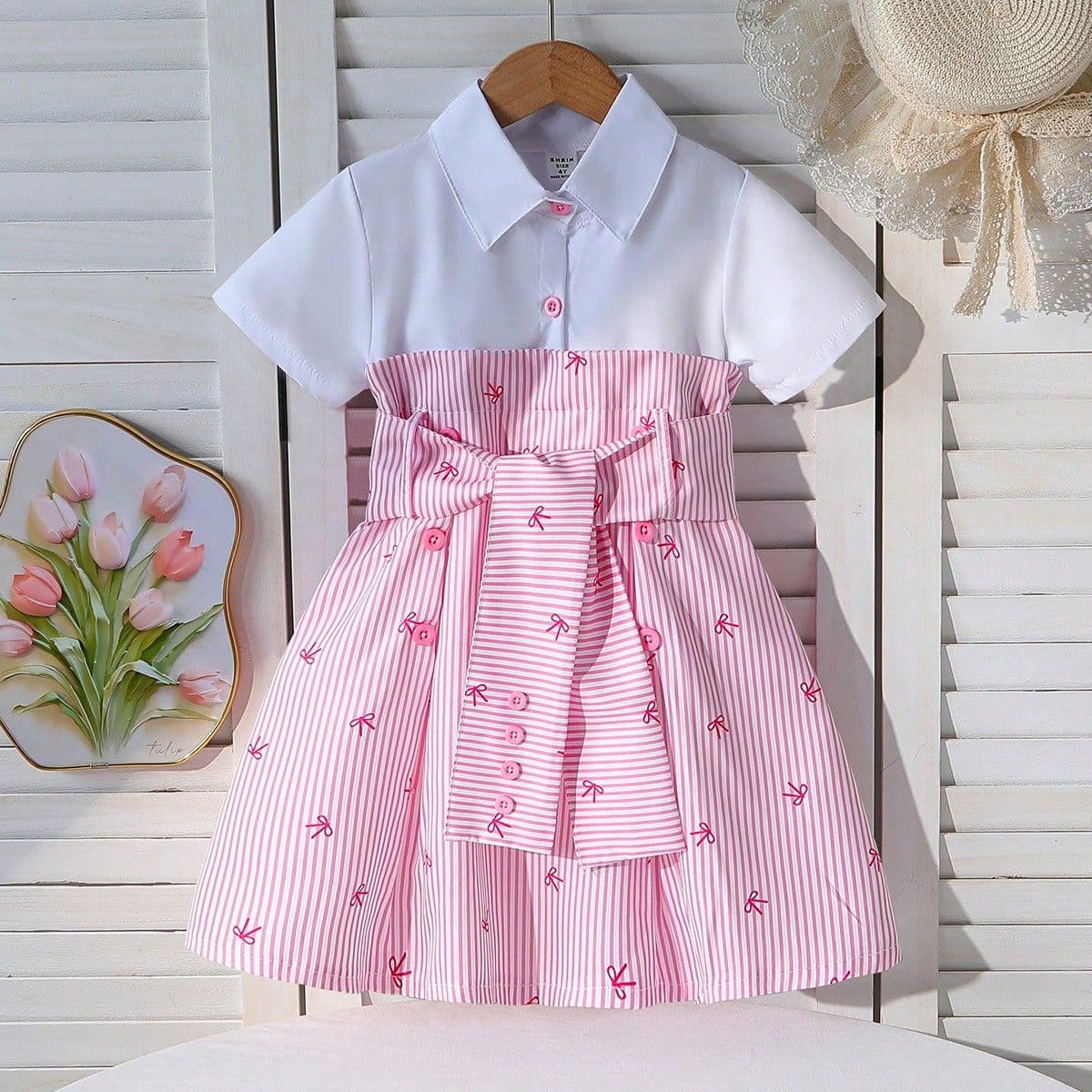 Girls' Color Block Bow Print Patchwork A-Line Dress Fresh Design Vibrant Colors New Arrival Toddler Girls Clothing (3-7Y)