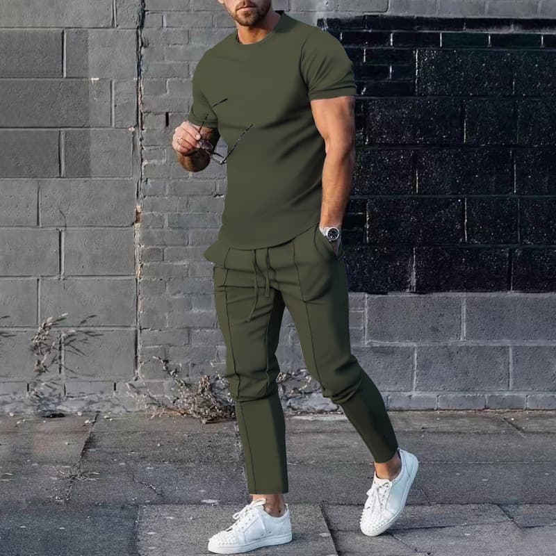 Men's Solid Color Casual Round Neck Short Sleeve Sports T Two-piece Suit