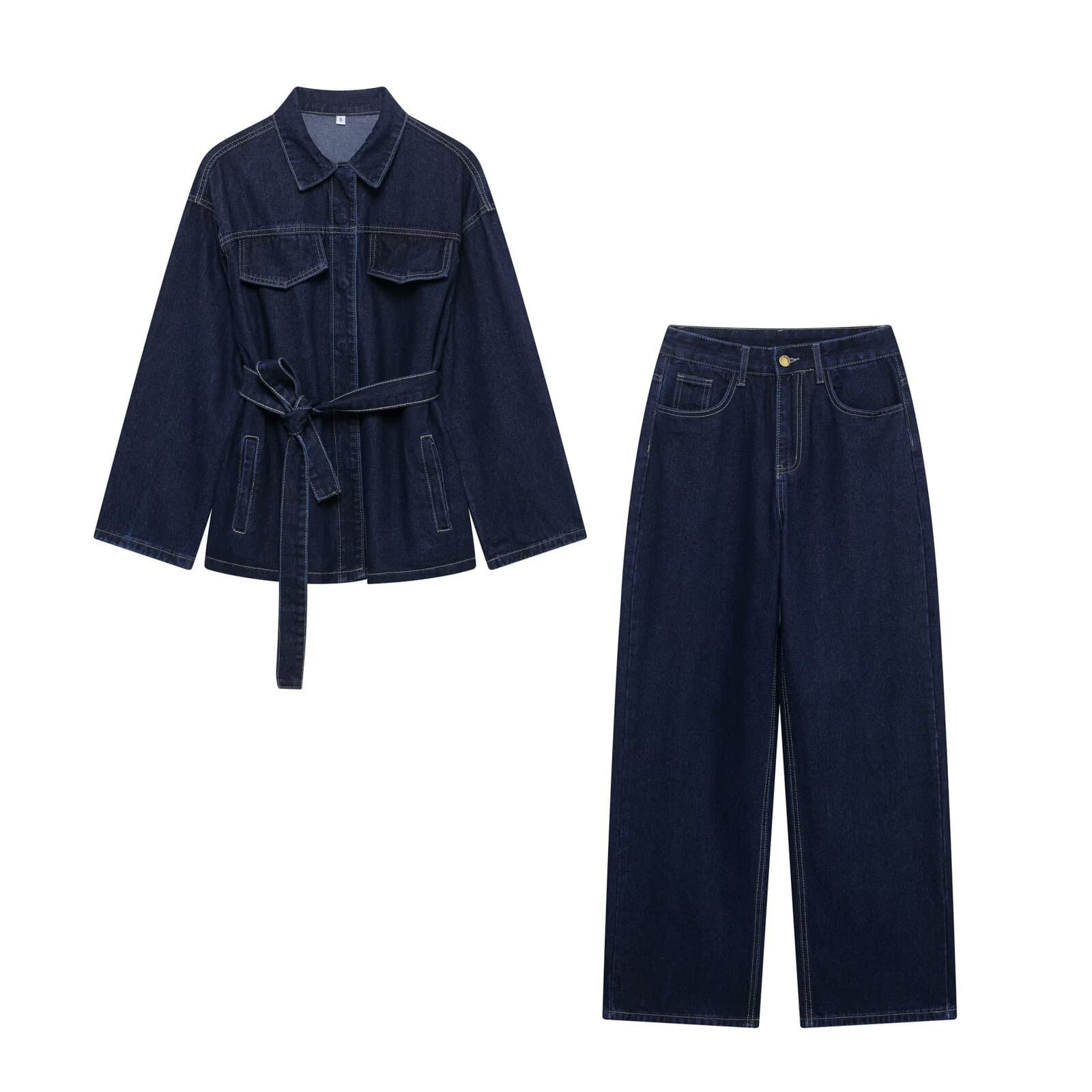 Vintage Waist-Tie Denim Jacket & High-Waisted Jeans Set – Retro Western Style Distressed Two-Piece Outfit