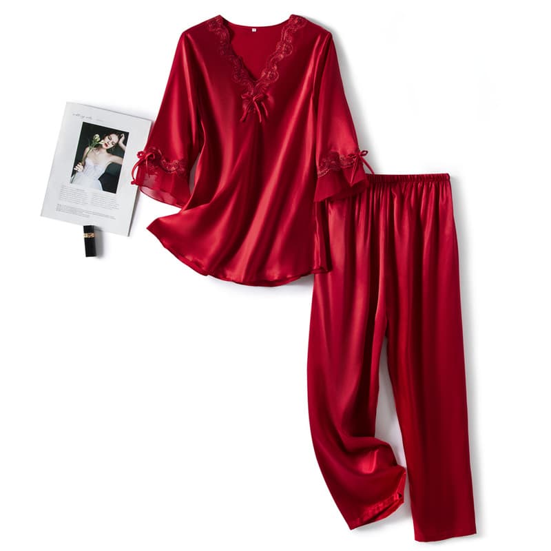 Women's Sleepwears Large Size Spring And Autumn Thin Three Quarter Sleeve Silk Pajamas Embroidered Lace Two Piece Set Women's Home Clothes