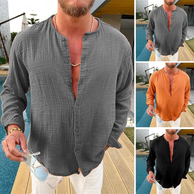 Men's Cotton And Linen Solid Color Double Layer Wrinkled Long Sleeved Shirt Fashion Loose Casual Comfortable Shirt