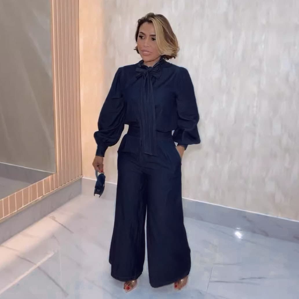 Women's Clothing Tie Strap Lantern Sleeve Shirt Wide Leg Pants Denim Two Piece Suit