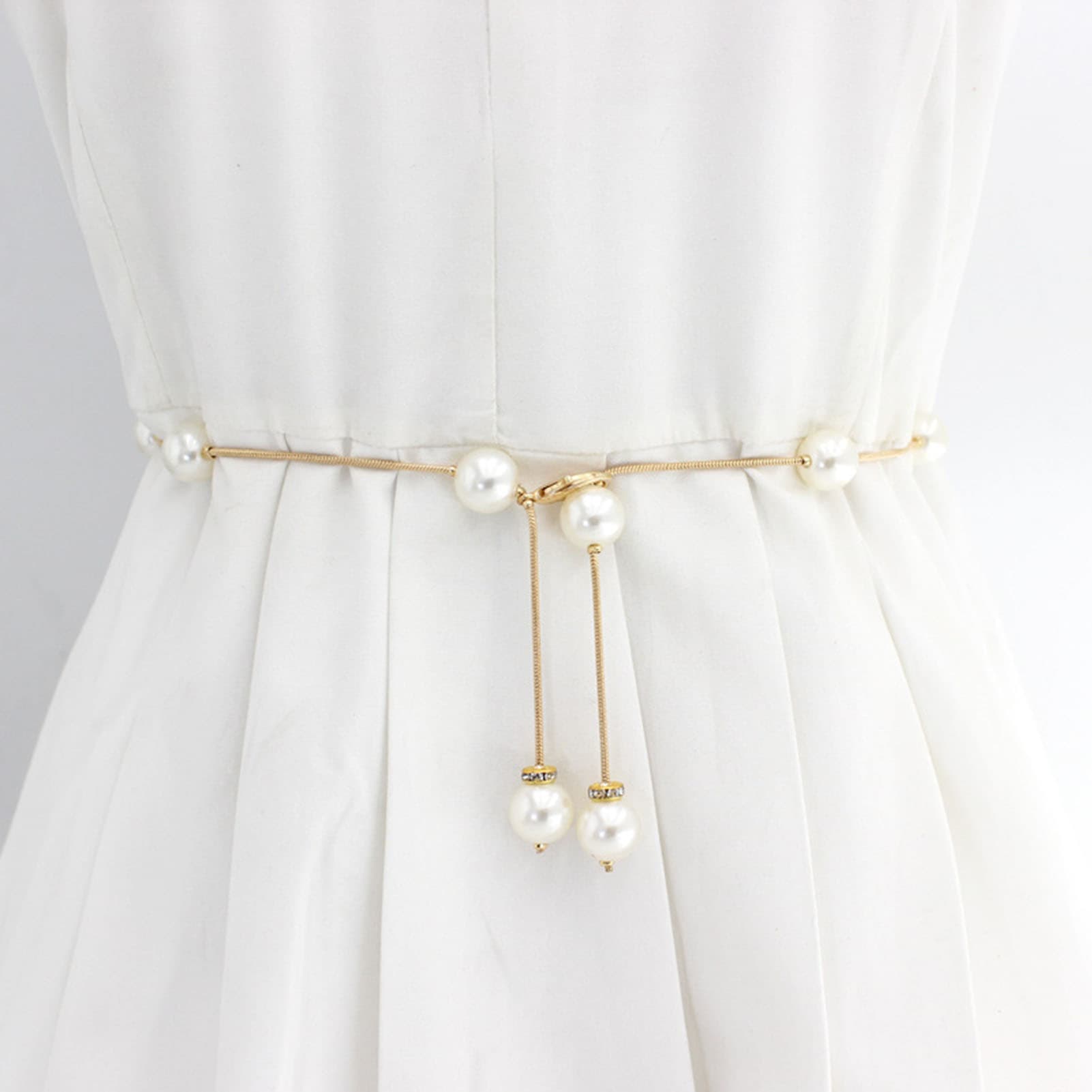 Zhuoxinder Adjustable Fitted Long Delicate Waist Chain Elegant Acrylic Pearl Women Thin Belt Clothes Ornament-Silver
