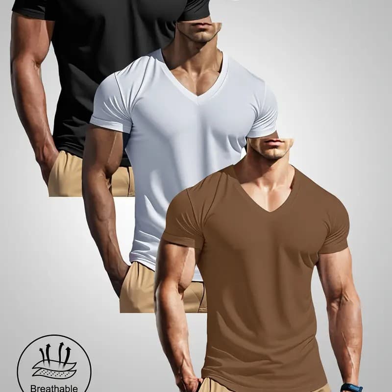 "Men's Performance V-Neck T-Shirt - Moisture Wicking Quick Dry Active Tee For Gym, Running & Casual Wear - Black/White/Gray/Blue/Brown"