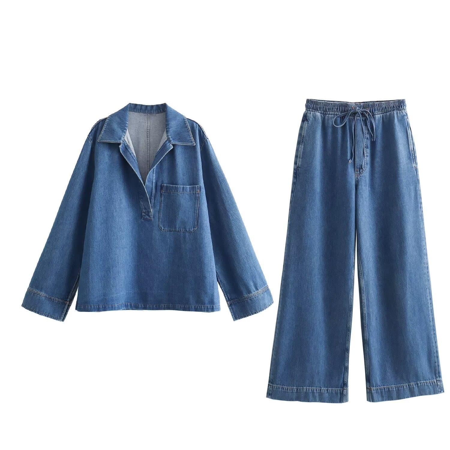 Women's Clothing Street Fashion Straight Pants Suit Tops Denim Casual Wear