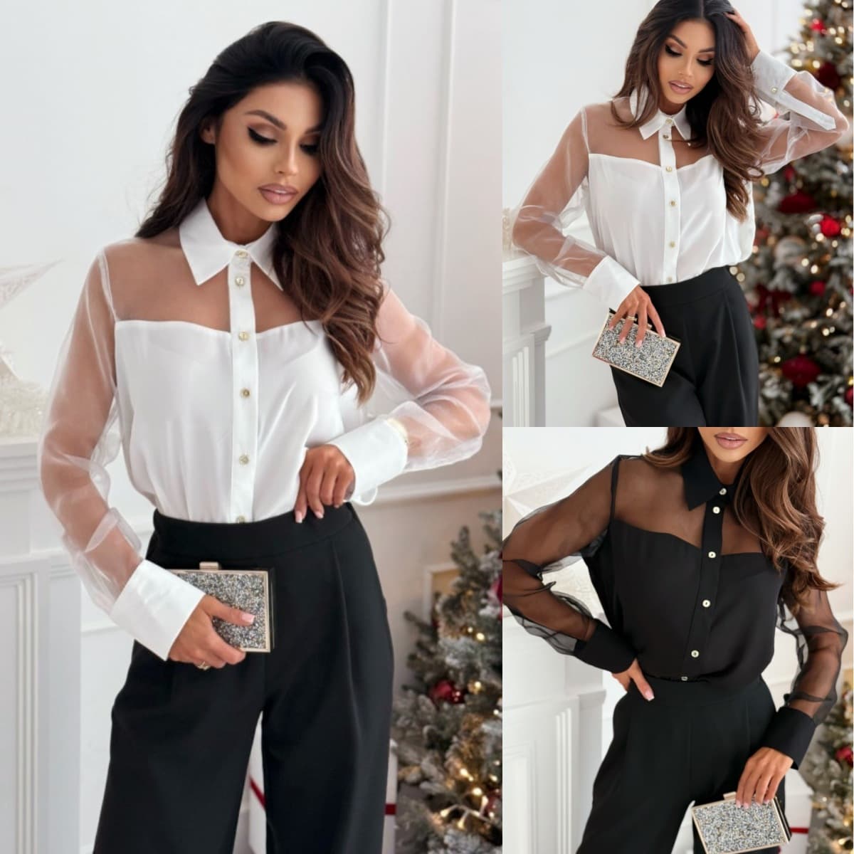 Women's Clothing New Spring and Autumn Temperament Elegant Solid Color Lapel Long Sleeve Mesh Splicing Shirt for Women