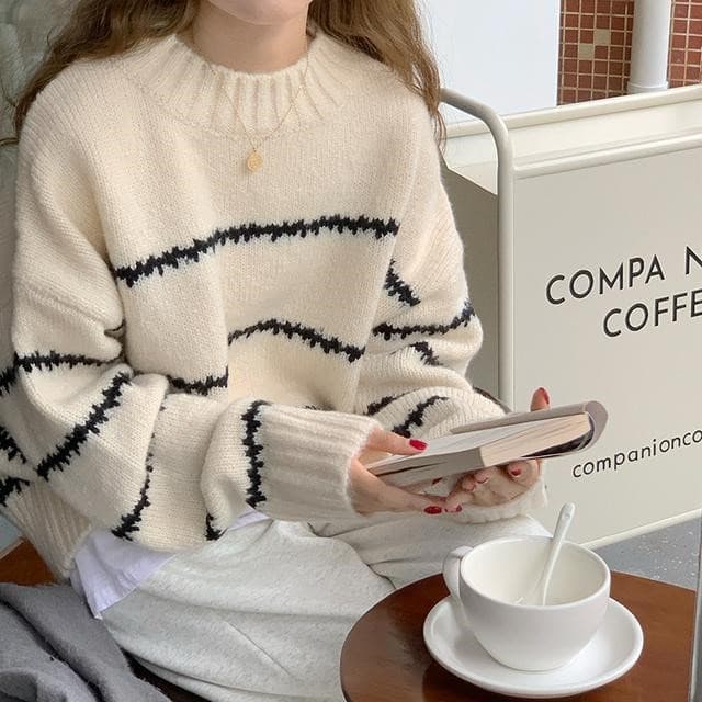 Japanese Retro Striped Knit Sweater Women's Loose Fit Long Sleeve Turtleneck Pullover - Soft Comfortable Chunky Knit Casual Top