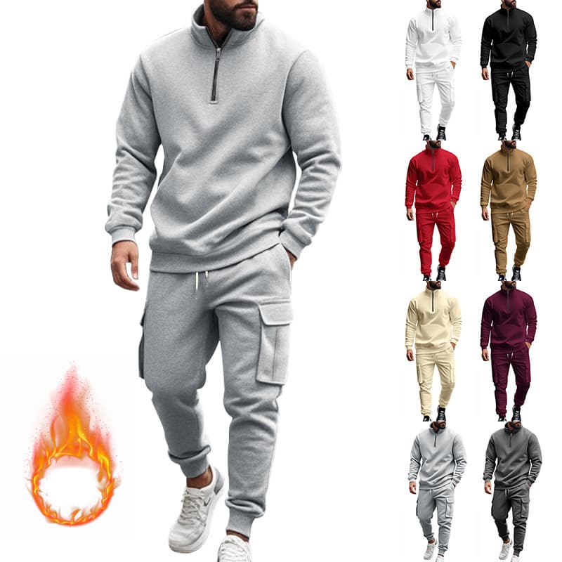 Hot Sale Fleece-Lined Zip-Up Jogger Set For Men - New American Style Warm Casual Tracksuit
