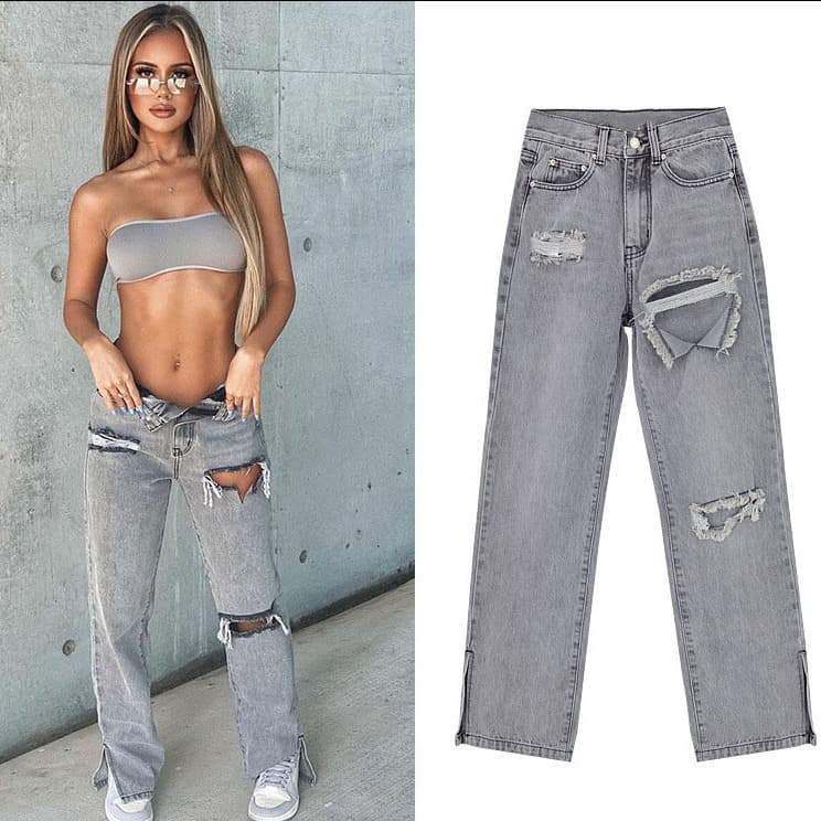 women's high waist slim straight denim trousers floor-length trousers ripped leg slits drape slightly flared trousers