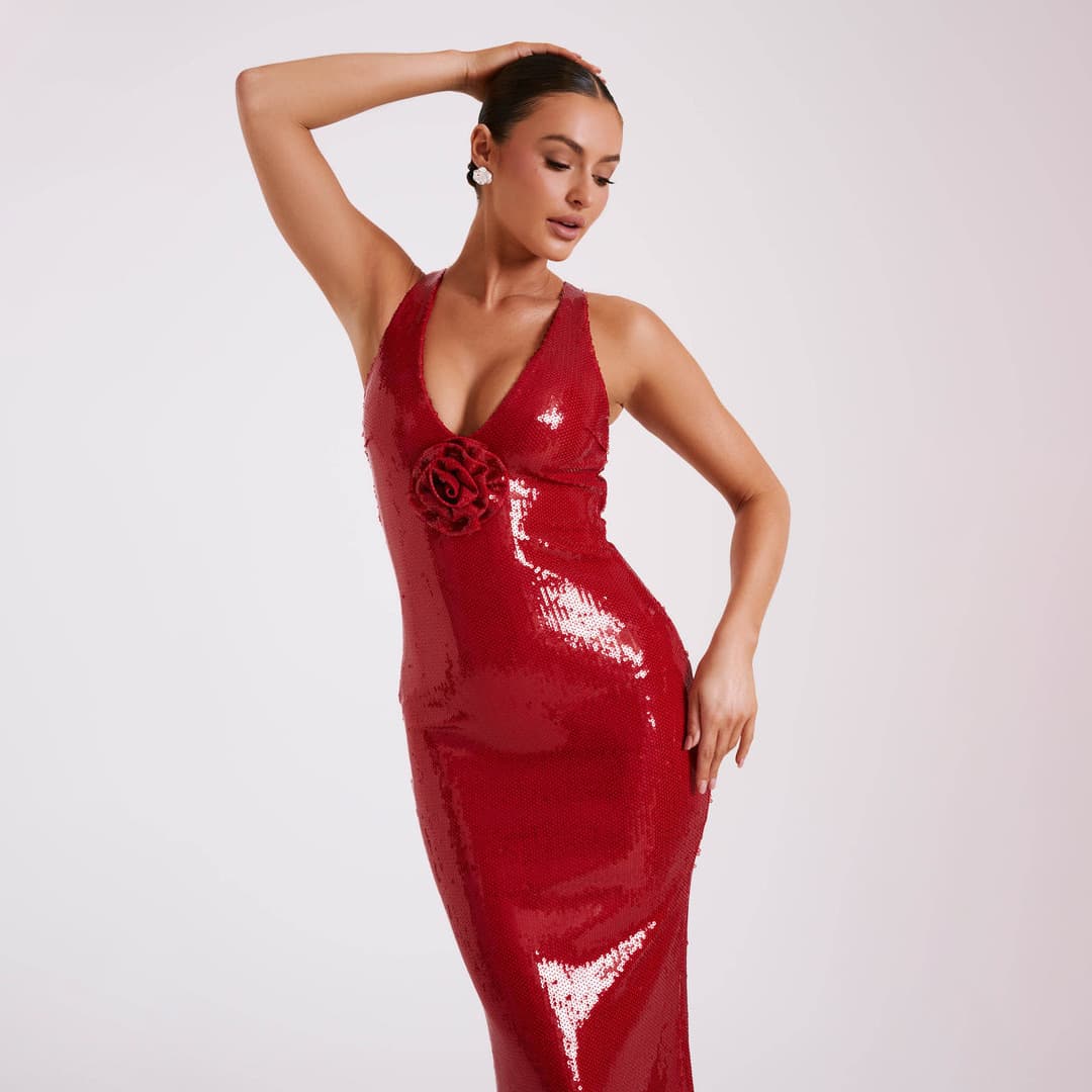 New hollow backless party sexy dress red sequined slit dress chest three dimensional flower long skirt