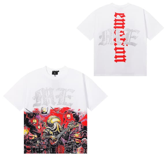 T-shirt unisexe à manches courtes, coupe ample, imprimé extraterrestre tendance style américain, orné de strass, idéal pour la rue.