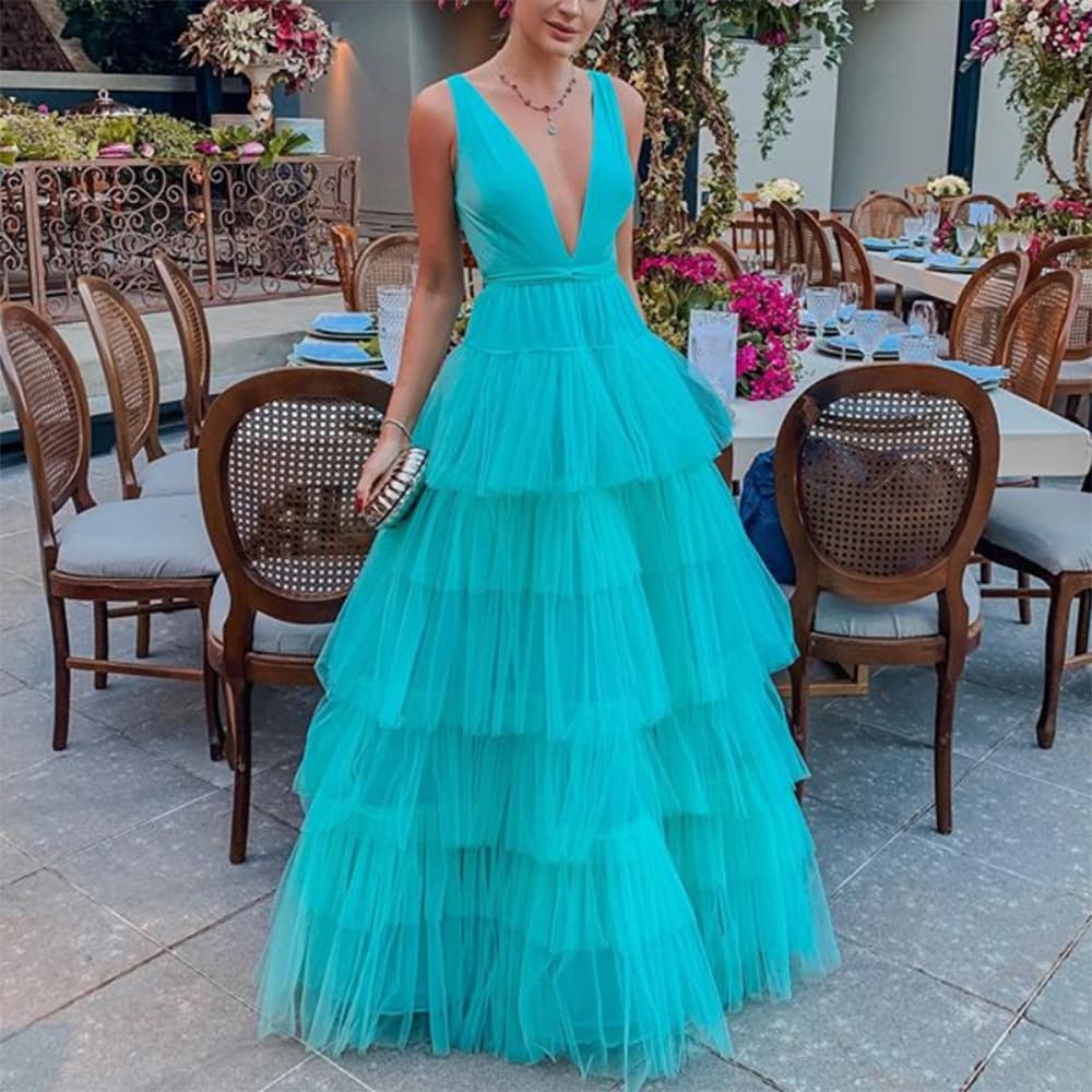 Women's Dress Mesh Cake Skirt Suspenders V-neck Evening Dress