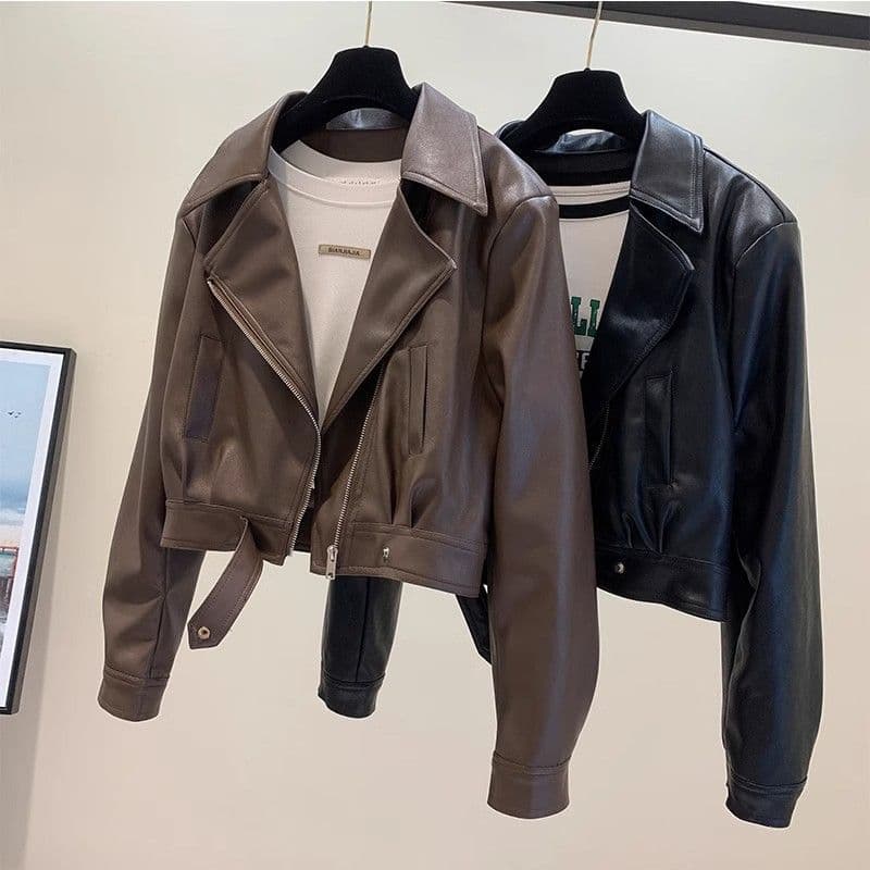 Trendy Short PU Leather Jacket – Slim-Fit Polo Collar Coat For Petite Women (Black/Brown, S-XL)