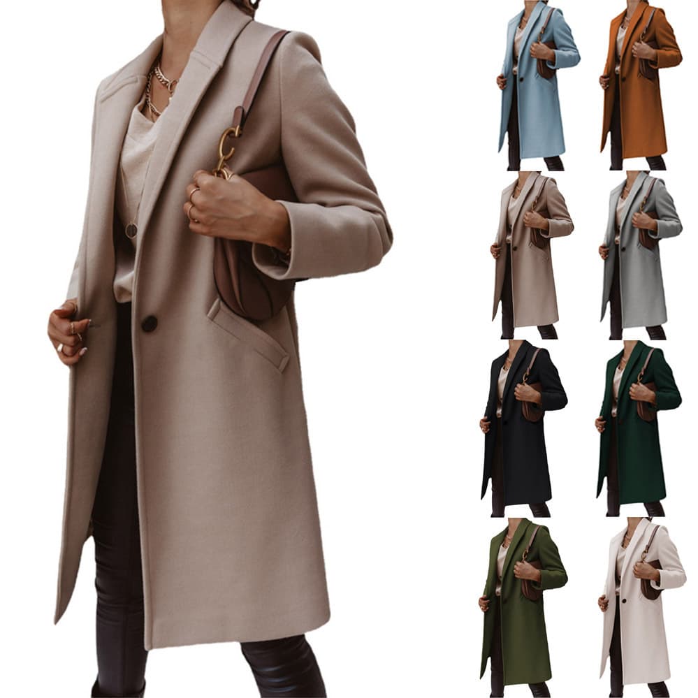 Women's solid color lapel mid-length button-wool coat coat