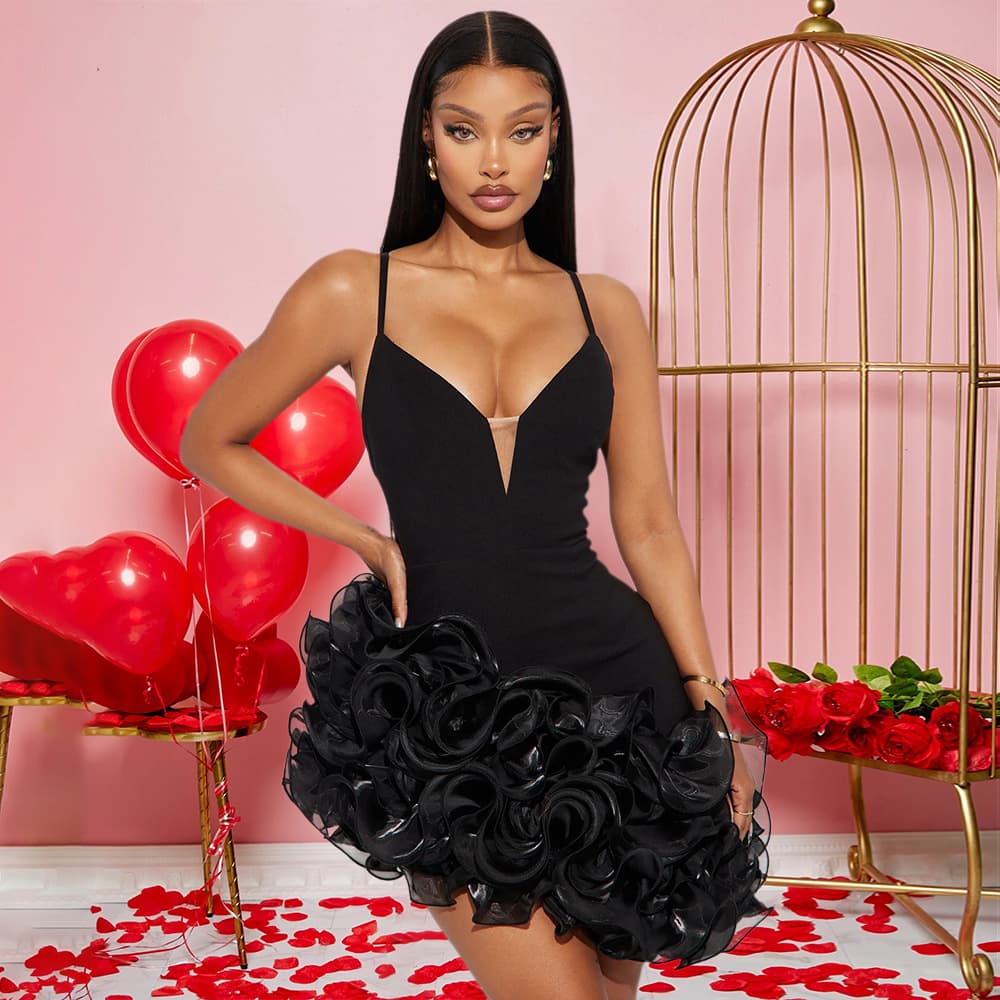 Women's Clothing New Fashion Sexy Sling Solid Color Lotus Leaf Lace Irregular Dress Short Skirt