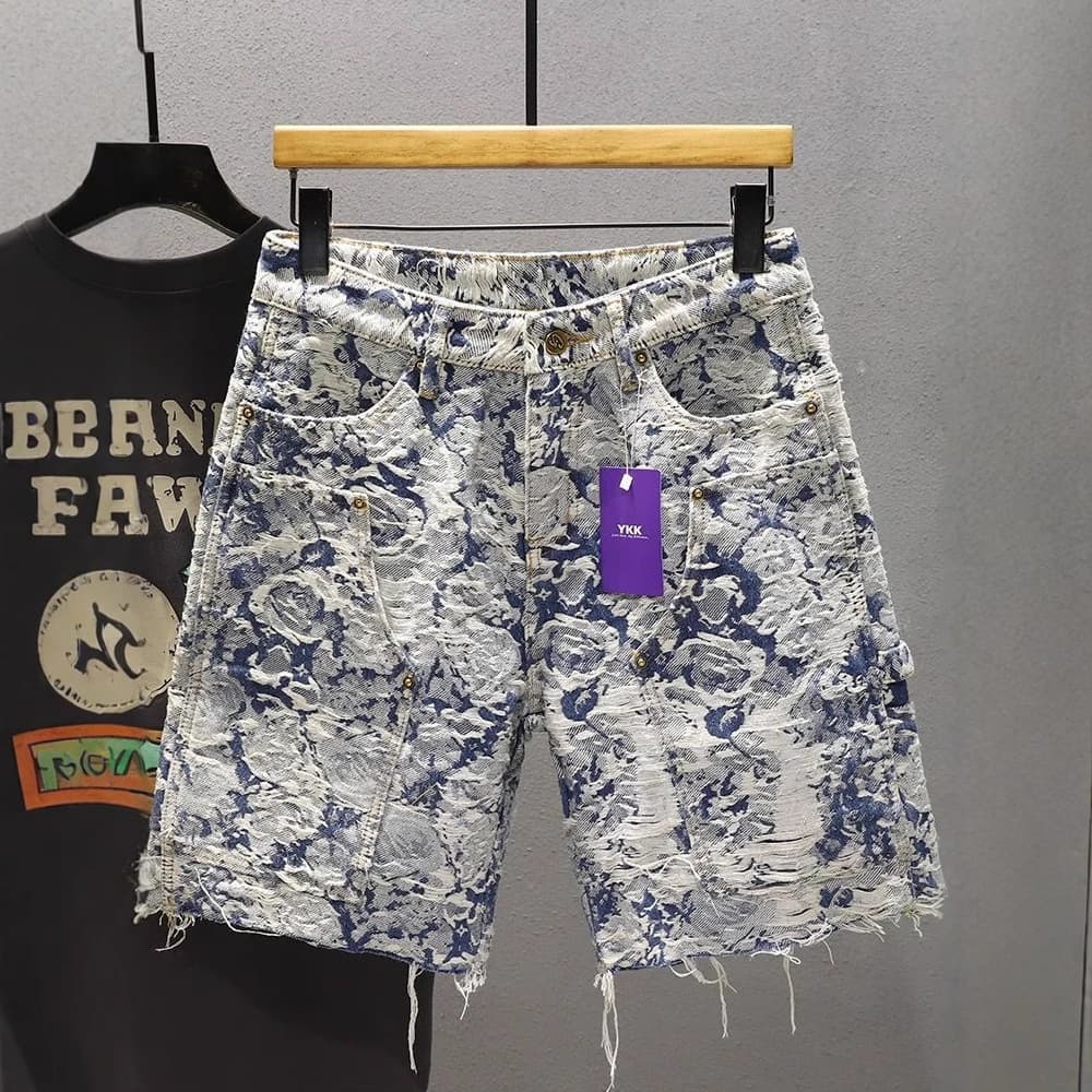 Men's Clothing Light Luxury Denim Shorts Men's Summer Loose Versatile Casual Trendy Shorts Fashionable Blue And White Porcelain Casual Pants