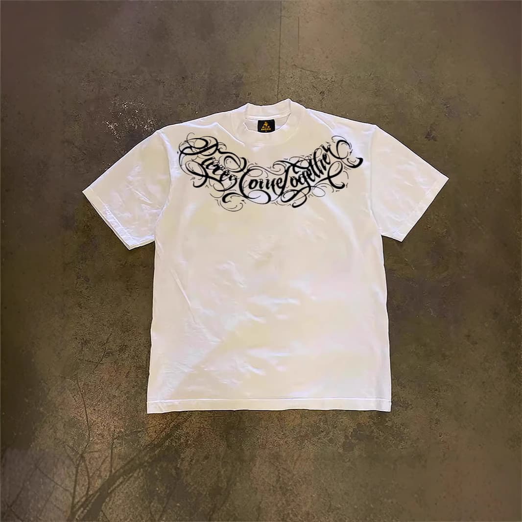 Men's Clothing Men's And Women's Heavyweight 250g Pure Cotton Oversized T-Shirt Style Tattoo Embroidery Print Loose Short Sleeve Top