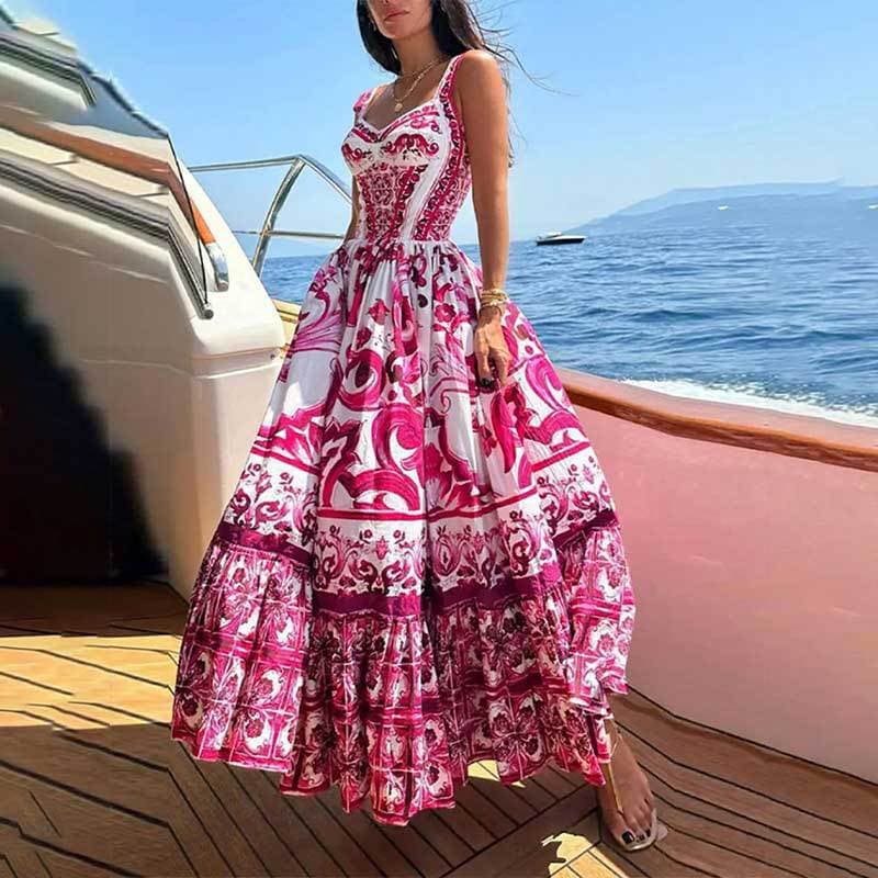 Women's clothing autumn and winter new printed square neck suspender skirt pleated slim high waist dress for women
