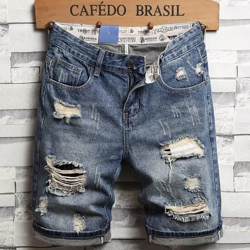 Men's Clothing Summer Vintage Ripped Short Jeans Streetwear Fashion Straight Slim Fit Denim Shorts