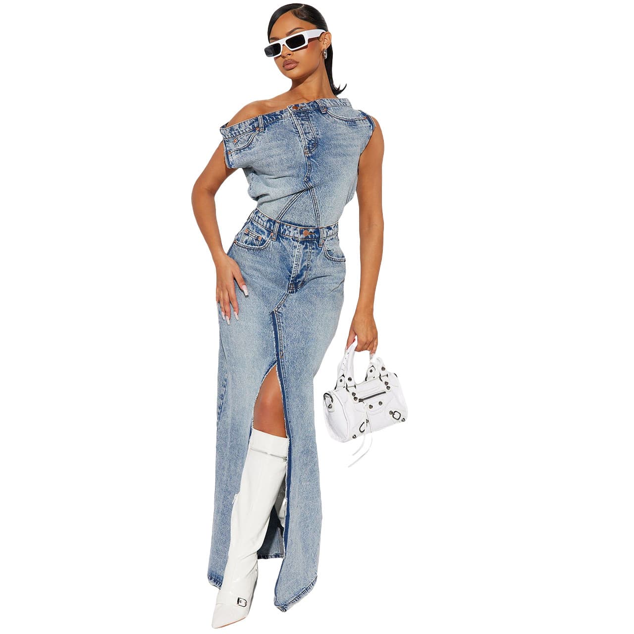 Women's Clothing new women's denim casual solid color suit autumn and winter retro split denim skirt suit two piece suit