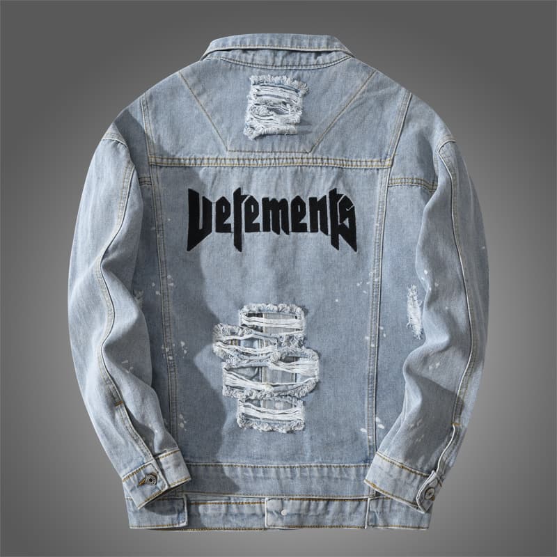 CT Trendy Men's Spring And Autumn Plus Size Light Blue Denim Jacket With Drop Shoulder Loose Fit Letter Embroidery Top