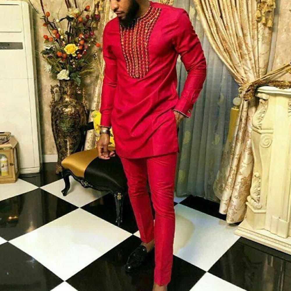 Costume noir africain décontracté brodé pour homme, manches longues, idéal pour les mariages et les banquets.