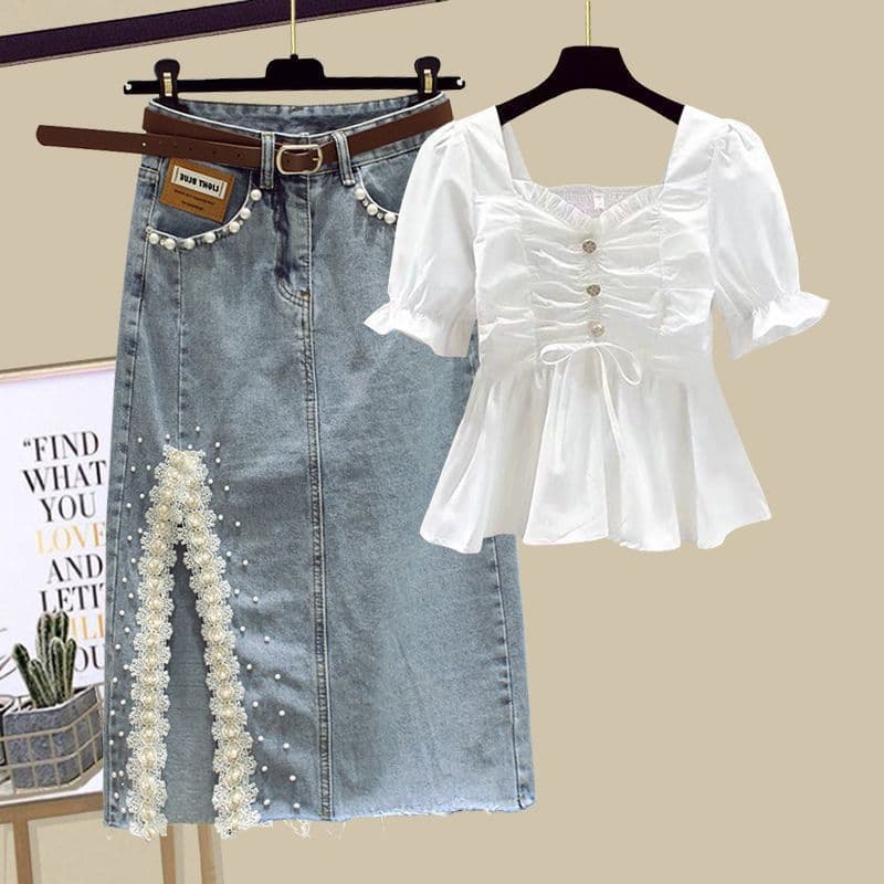 Women's Clothing Suit For Women New French Sweet Chiffon Shirt Denim Skirt Two Piece Suit