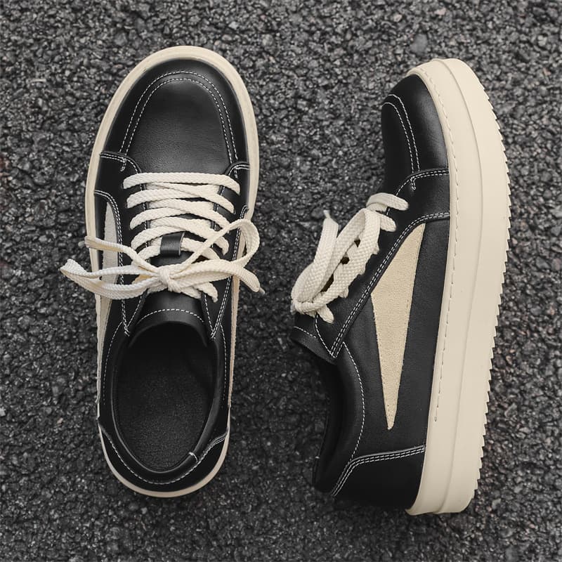 RO Men's Low Top Sneakers Top Grain Cowhide Black White Height Increasing Casual Thick Soled American High Street Style Trendy Shoes