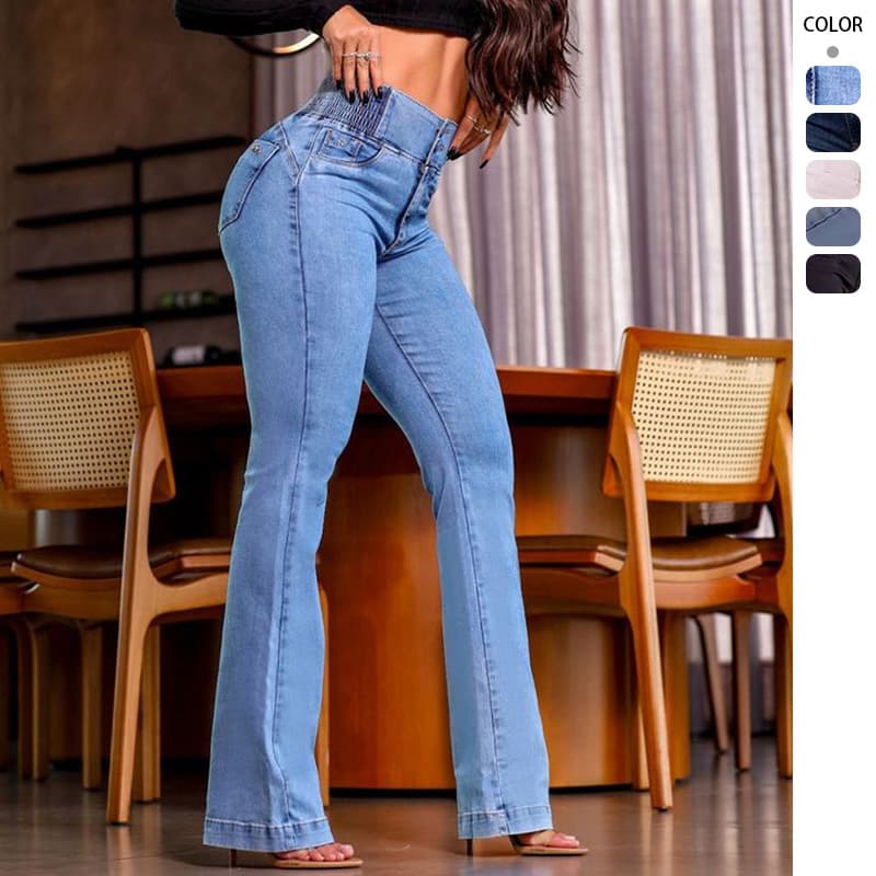 Women's Clothing Elastic Waist High Waist Button Stretch Slim Wide Leg Long Jeans For Women