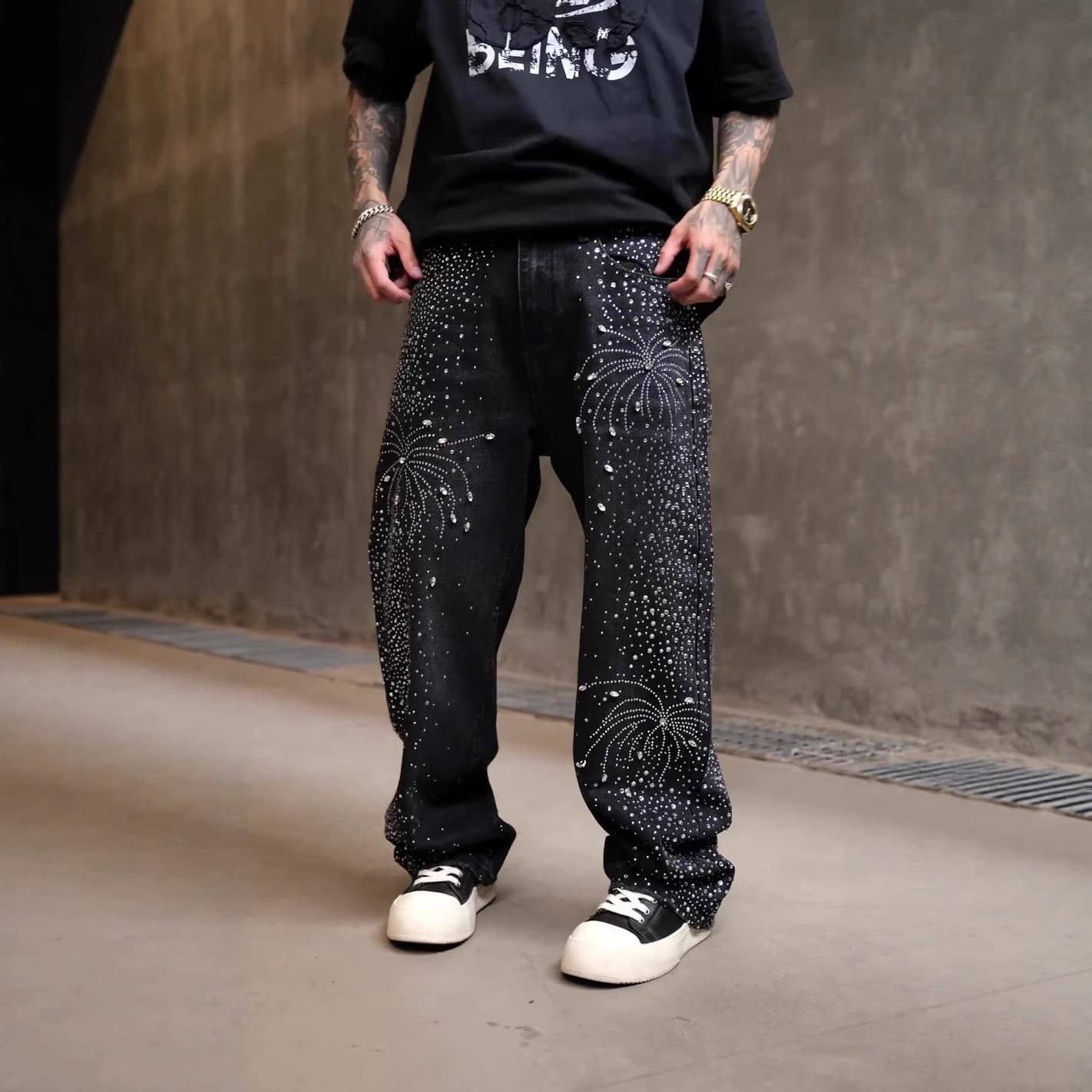 Men's Jeans Starry Sky Hotfix Rhinestone Washed Black Jeans