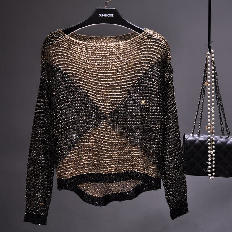 Cross-border Hot Selling European And American Hollow Sequins Loose Knitwear Pullover Bright Silk Base Shirt Long Sleeve Round Neck Top For Women