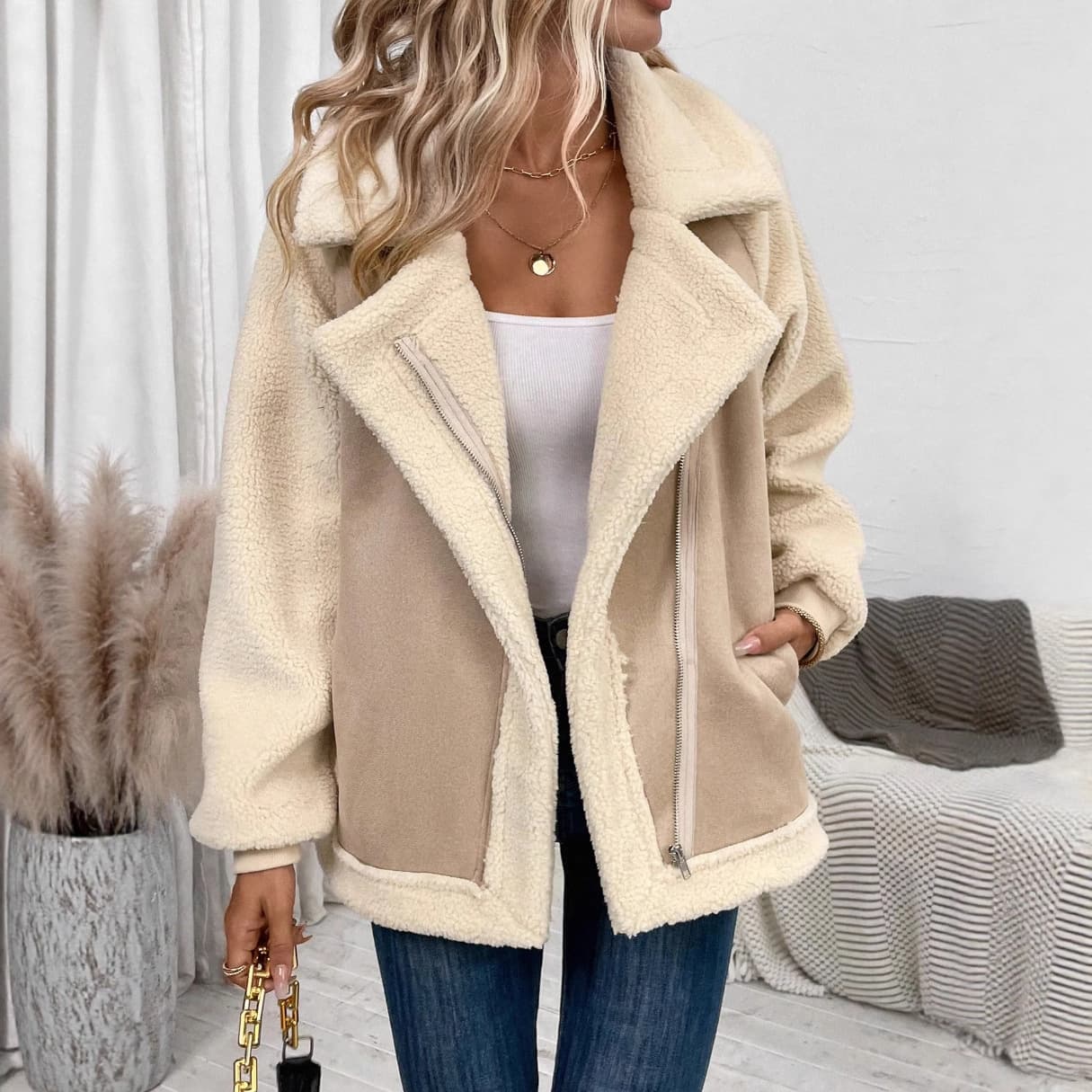Women's Clothing Chic Oversized Faux Shearling Jacket – Distressed Suede & Fleece Biker Coat (Khaki, S-XL)