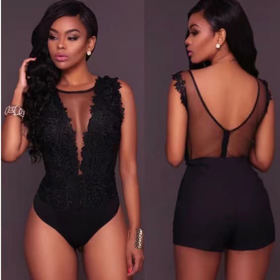 Women's Clothing Sexy Lace Splicing Sexy Bodysuit Transparent Deep V Bodysuit Beach Dress